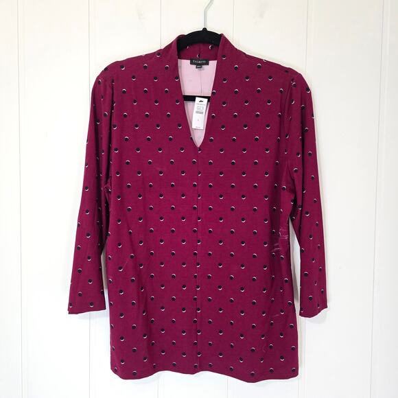 Talbots Knit Top VNeck Dot Print Burgundy 3/4 Sleeve Stretch NWT Size Large - Picture 1 of 10